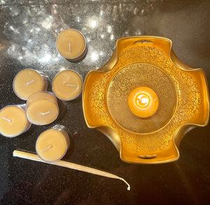 NEW! Gold Plated Candle Bowl, 7 Tealights, Candle Lighter Gift Set