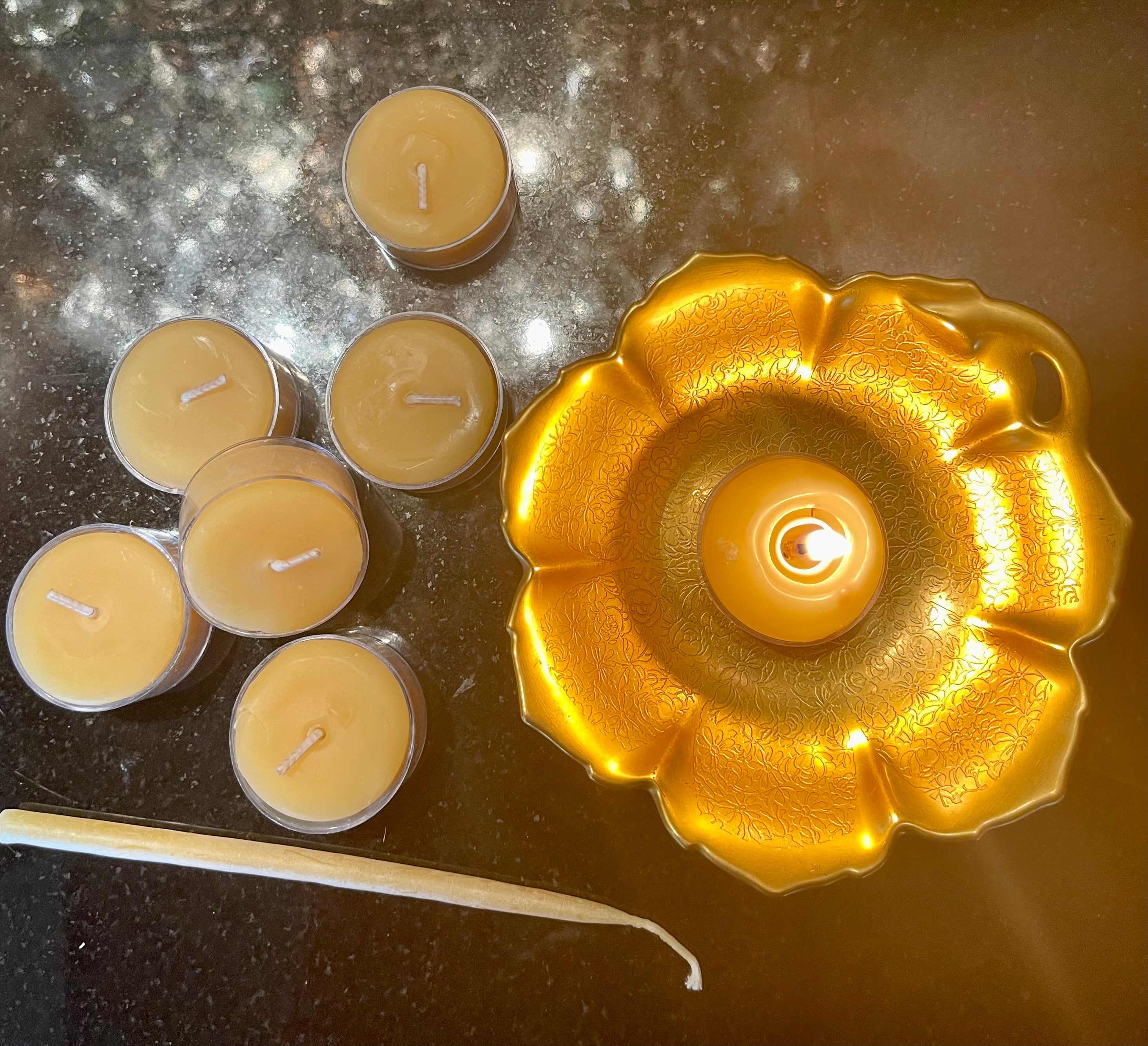 NEW! Gold Plated Candle Bowl, 7 Tealights, Candle Lighter Gift Set