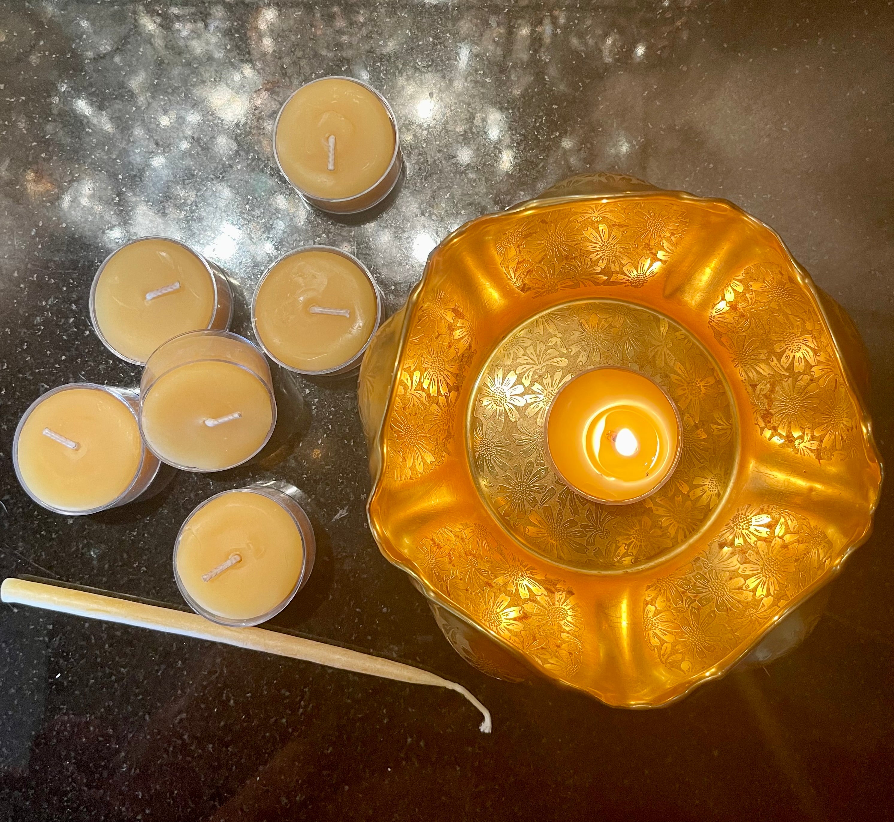 NEW! Gold Plated Candle Bowl, 7 Tealights, Candle Lighter Gift Set