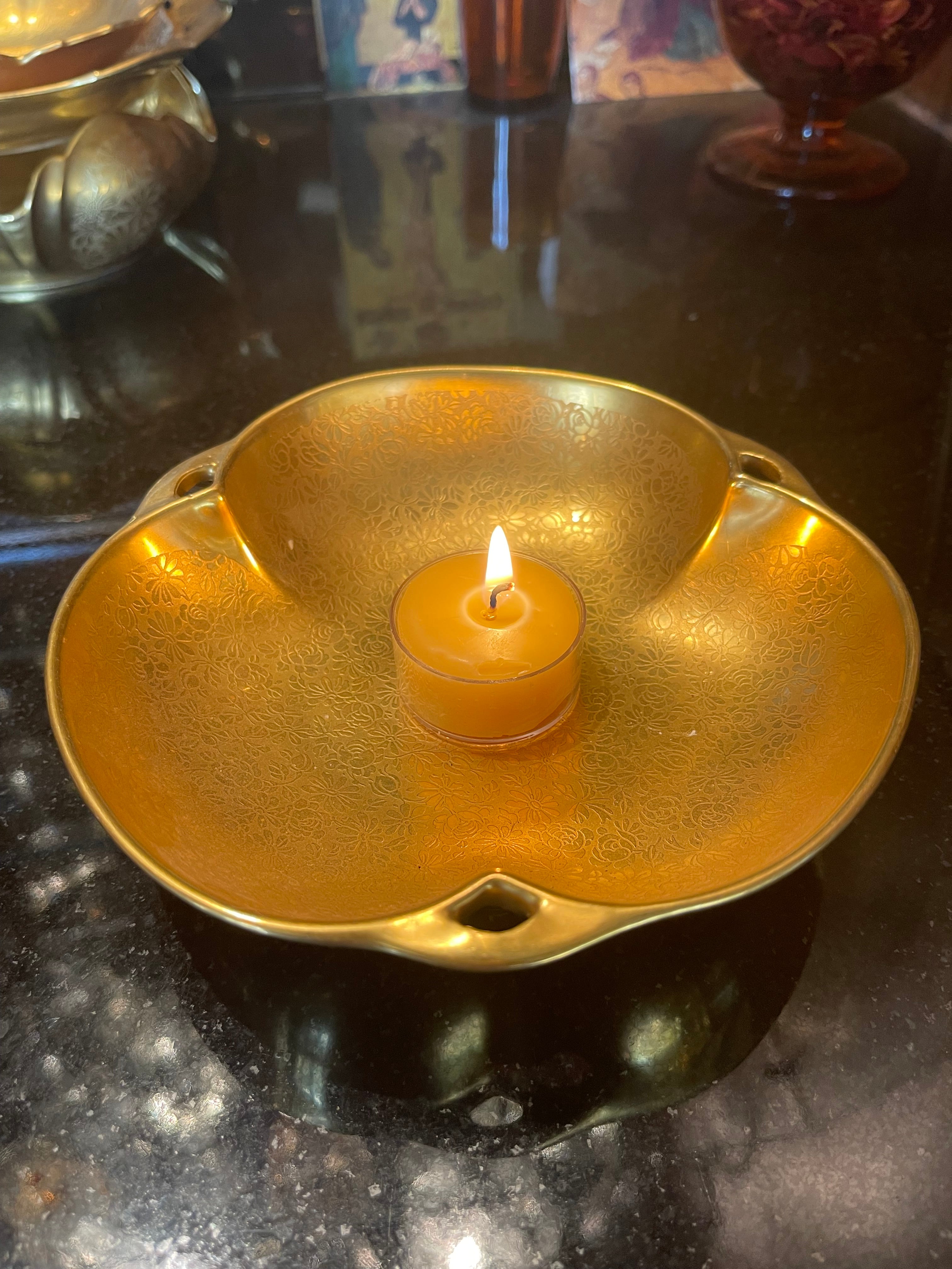 NEW! Gold Plated Candle Bowl, 7 Tealights, Candle Lighter Gift Set