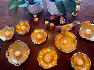 NEW! Gold Plated Candle Bowl, 7 Tealights, Candle Lighter Gift Set